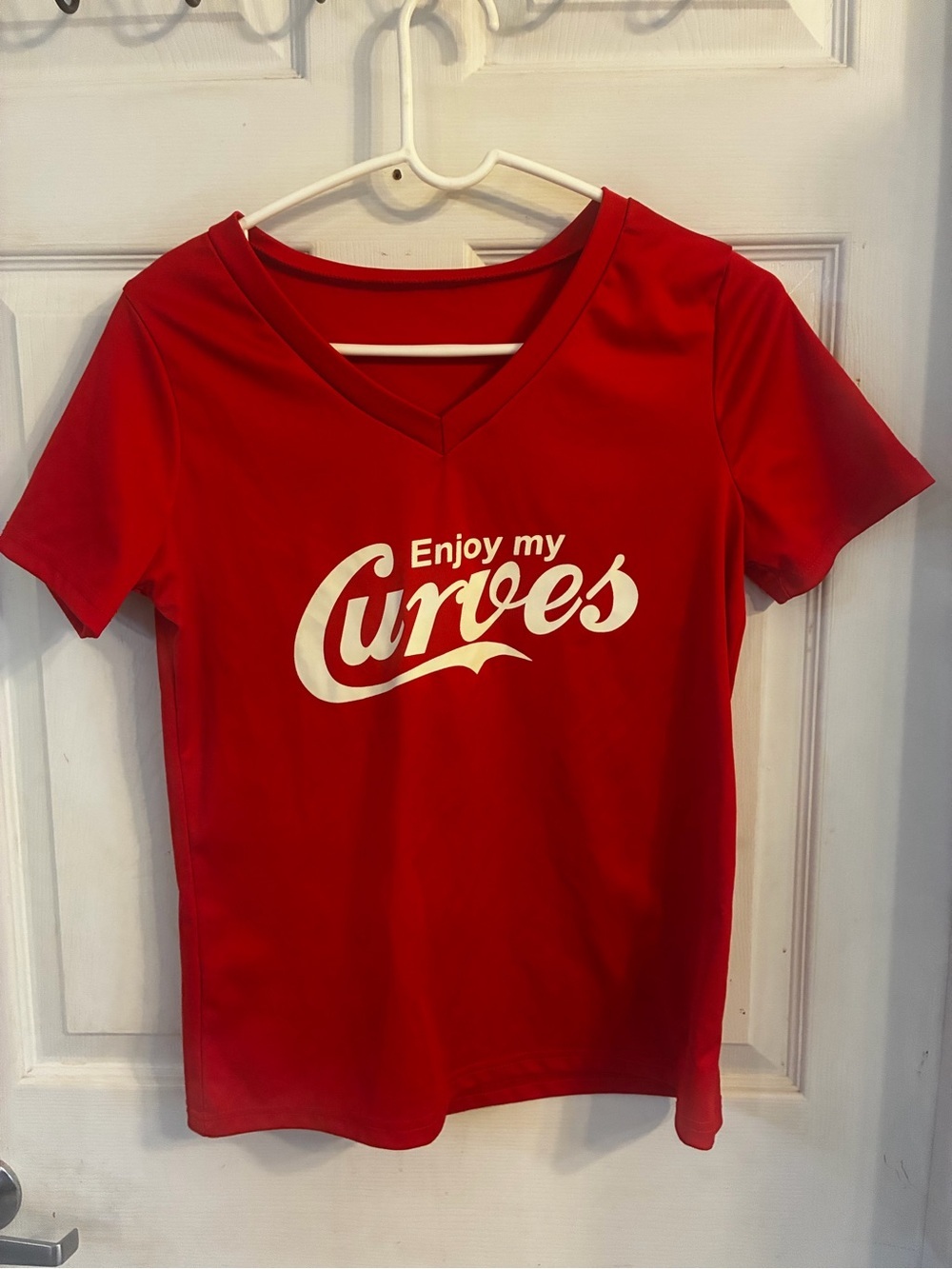 Red V-Neck Graphic Tee - “Enjoy My Curves”, Size: M
